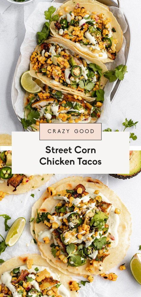 Incredible street corn chicken tacos made with flavorful sazon grilled chicken, seasoned grilled corn, fresh avocado salsa and an addicting jalapeño lime cashew sauce. These delicious grilled street corn chicken tacos are the perfect summer recipe the whole family will love! #tacos #chicken #dinner #grilling #streetcorn #glutenfree #dairyfree #mealprep Street Corn Chicken Tacos, Corn Chicken Tacos, Grilled Street Corn, Street Corn Chicken, Cashew Sauce, Corn Chicken, Fresh Avocado, Street Corn, Avocado Salsa