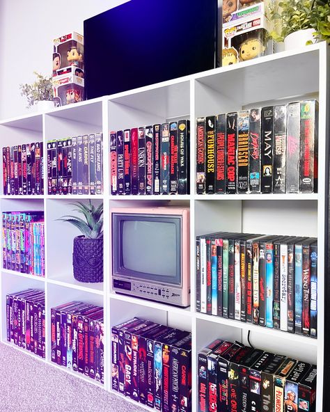 Movie Collection | VHS Shelfie | Horror Collector Inspo | Retro Aesthetics Vhs Ideas, 90’s Room, Collectors Room Ideas, Vhs Storage, Horror Movie Room, Dvd Display, Dvd Organization, 90s Room, Vhs To Dvd