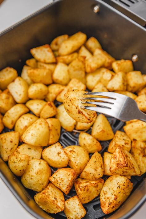 Air Fryer Diced Potatoes - cravingsmallbites.com Air Fryer Diced Potatoes Fresh, Yellow Potatoes Air Fryer, Roasted Diced Potatoes, Air Fryer Diced Potatoes, Airfryer Potatoes, Airfryer Ideas, Cream Cheese Roll Ups, Carrot Recipes Side Dishes, Air Fryer Potatoes