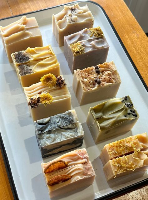 Each of our soaps is handcrafted using the cold process method in small batches on our homestead in Virginia surrounded by mountains, forest, meadows and wildflowers. We use certified organic coconut, sunflower and palm (rspo) oils and certified organic shea butter along with creamy goat's milk and castor oil for a luxurious lather your skin with adore! The highest quality essential oils provide the luscious scent in all but a few of our soaps (the ones our customers won't let us discontinue-these are clearly noted in the descriptions). We use only natural colorants including botanical infusions, clays, salts and activated charcoal. Many of our soaps also include herbs and wildflowers gathered  from our meadows and forest and other local flower farms.  What you won't find in our soap: *mic Soap Recipes Cold Process, Natural Soap Packaging, Soap Aesthetic, Beeswax Soap, Handmade Soap Packaging, Natural Colorants, Flower Farms, Handmade Soap Recipes, Fragrance Oil Blends