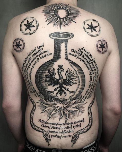 Quasi-Alchemical back piece by Taneli Jarva (@ taneli_jarva) Alchemical Symbols Tattoo, Alchemical Tattoo, Alchemy Tattoos, Alchemical Symbols, Alchemy Tattoo, Symbols Tattoo, Alchemic Symbols, Back Piece, Symbolic Tattoos