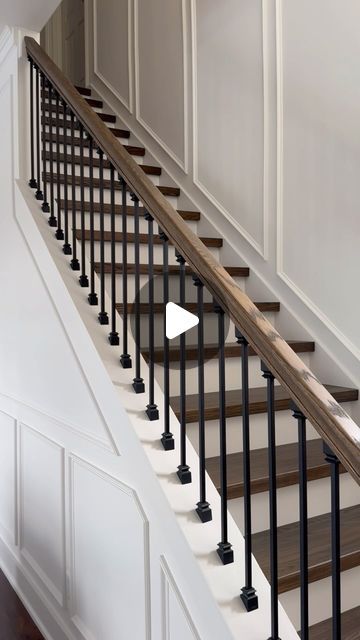 DAP Global Inc. | The perfect staircase makeover does exist 🙌 _ _ _ #DIYWithDAP #diyproject #homemakeover #homeimprovement #staircasedesign #interiormak... | Instagram Panelling On Stairs Staircases, Wooden Stairs Renovation, Downstairs Remodel Ideas, Accent Wall By Staircase, Stairway Diy Makeover, Farmhouse Steps Stairways, Staircase Walls Makeover, Upstairs Remodel Ideas, Entryway And Stairs Ideas