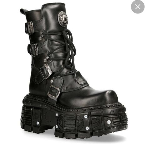 New Rock Boots, Rock Boots, Goth Shoes, Metallic Boots, Punk Boots, Dress With Jean Jacket, Punk Inspiration, Trainer Heels, New Rock