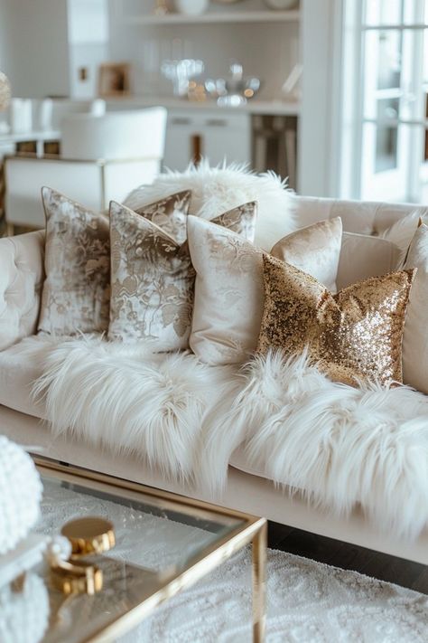 Stylish Glam Living Room: Gold Accents Show The Most Beautiful Silver Glam Living Rooms, Gold House Decor Interior Design, Gold And Cream Living Room, White And Gold Living Room Ideas, Living Room Gold Accents, Room Ideas Glam, Grey Boho Bedroom Ideas, Gold And White Living Room, Glam Room Aesthetic