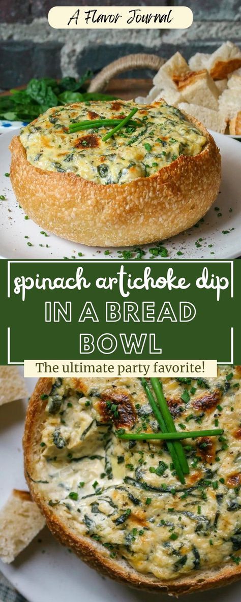 How to make spinach artichoke dip easy and delicious! This is  the perfect appetizer to kick off any party. The key here is to chop the spinach and artichokes into smaller pieces, so they distribute evenly throughout the dip. This guarantees a punch of flavor with every bite. Take my gourmet approach by broiling it in a bread bowl, for a beautiful presentation to impress your guests! Spinach Dip Bread Bowl, Easy Spinach Artichoke Dip, Bread Bowl Dip, Best Spinach Dip, Artichoke Dip Easy, Spinach Dip Easy, Spinach Artichoke Dip Easy, Spinach Bread, Bread Bowl Recipe