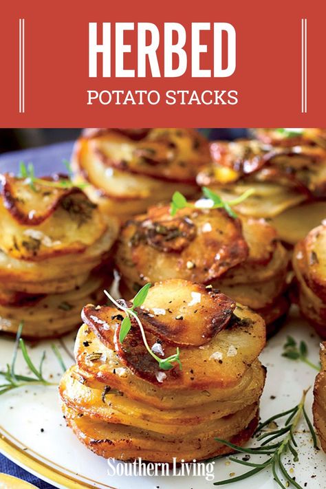 Sliced Potatoes Baked In Muffin Pan, Potato’s In Muffin Pan, Stack Potato Recipes, Garlic Stacked Potatoes, Parmesan Stacked Potatoes, Stacked Sweet Potatoes, Crispy Potato Stacks With Garlic Herb Butter, Crispy Cheesy Potato Stacks, Cupcake Pan Potatoes