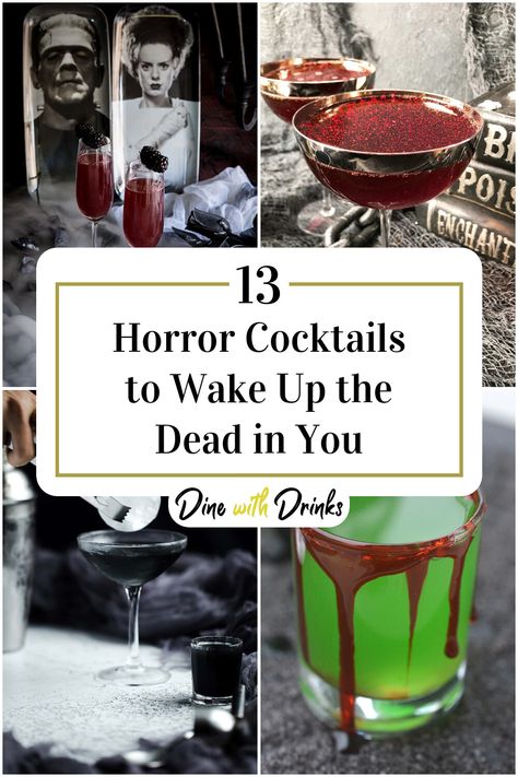 Collage of 4 horror cocktails. Halloween Wedding Drink Ideas, Michael Myers Cocktail, Horror Themed Cocktails, Halloween Movie Cocktails, Horror Movie Themed Cocktails, Friday The 13th Cocktail, Horror Movie Drinks, Horror Movie Cocktails, Horror Themed Drinks