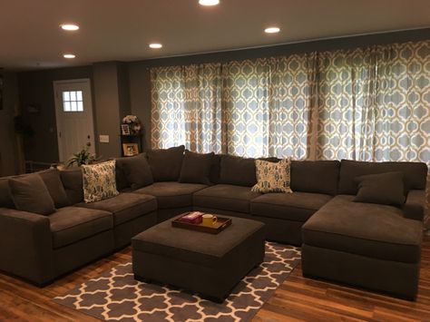 Our comfy living space.  Macy sectional in mocha Chocolate Sectional Living Room Ideas, Mocha Living Room Ideas, Big Sectional Couch, Brown Sectional Living Room Decor, Formal Living Room Furniture, Wood Bedroom Sets, Living Room Sofa Design, Brown Living Room, Living Room Decor Cozy