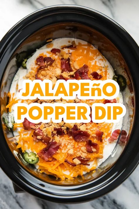 A photo of a  Jalapeño Popper Dip a crockpot dips Jalapeno Crockpot Recipes, Jalapeno Popper Dip Slow Cooker, Crock Pot Holiday Appetizers, Dips With Jalapenos, Crockpot Jalapeno Dip, Best Dip Recipes Crock Pot, Easy Potluck Dip Recipes, Jalapeño Popper Dip In Crockpot, Crockpot Christmas Potluck Recipes