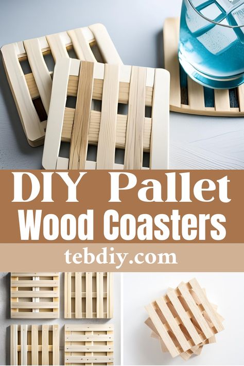 DIY Pallet Wood Coasters To Avoid Water Spills Coaster Holder Diy, Diy Pallet Coasters, Coasters Wood, Diy Wood Coasters How To Make, Diy Coasters Wooden, Diy Wood Coasters, Coasters Diy Wooden, Dollar Tree Pallet Coasters, Diy Coasters Easy