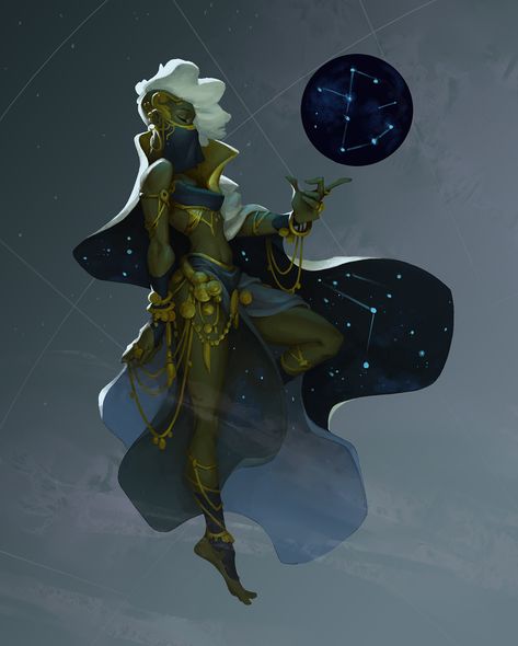 Celestial Seer, Hing Chui on ArtStation at https://www.artstation.com/artwork/XXl1y Pocket Dimension Concept Art, Seer Character Design, Seer Art, Star Character Design, Stars Druid, Celestial Outfit, Star Outfit, Celestial Magic, Comics Art