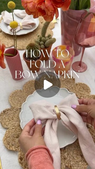 Folding Monogrammed Napkins, Ribbon Tied Napkins Wedding, Bridal Shower Napkin Folding Ideas, How To Fold A Napkin Into A Bow, How To Make A Bow Napkin, Bow Napkins Folding, Napkin Fold With Ring, Cheesecloth Napkin Folding Ideas, Bow Napkin Fold