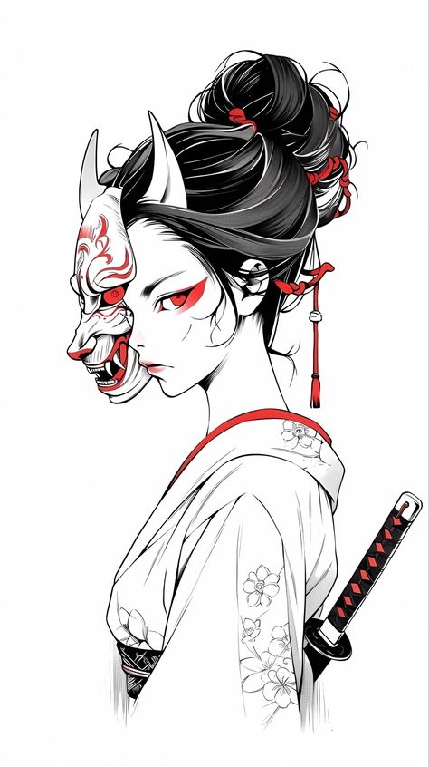 Geisha Oni Mask Tattoo, Warrior Theme Tattoo, Geisha Samurai Tattoo Design, Samurai Tattoo Woman, Oni Mask Female, Kunoichi Tattoo, Japan Girl Tattoo, Woman Samurai Tattoo, Japanese Tattoo Art Feminine