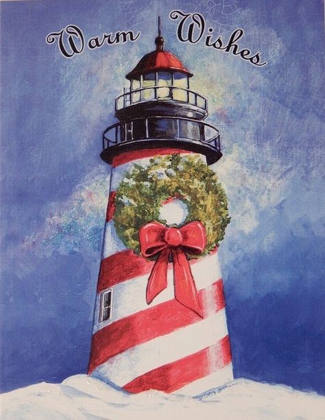 Christmas Lighthouse Painting, Christmas Lighthouse, Beach Christmas Card, Lighthouse Inspiration, Christmas Pebble Art, Winter Paintings, Handpainted Christmas Ornaments, Jeans Crafts, Christmas Rocks