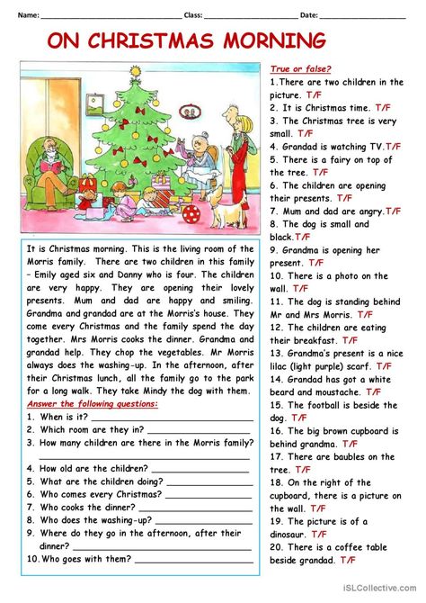 RC: On Christmas Morning: English ESL worksheets pdf & doc English Reading Skills, Reading Skills Worksheets, Christmas Reading Comprehension, True Or False Questions, Family On Christmas, Christmas Lesson, English Christmas, English Activities For Kids, Christmas Reading