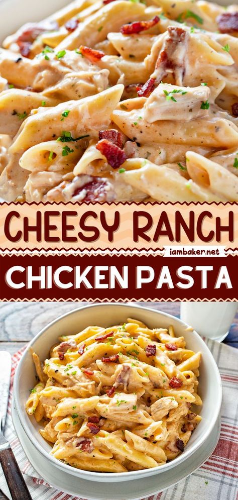 Cheesy Ranch Chicken Pasta, Moist Shredded Chicken, Cheesy Ranch Chicken, Ranch Chicken Pasta, Penne Noodles, Easy Fast Dinner Recipes, Bacon Ranch Pasta, Fast Easy Dinner, Chicken Ranch Pasta