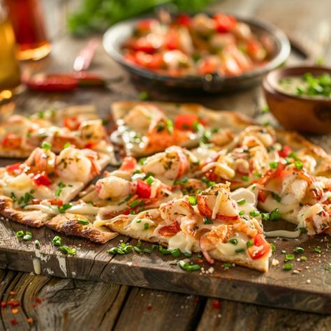 Indulge in Seasons 52's Lobster Flatbread Recipe—a rich, cheesy delight with succulent lobster, fresh garnishes, and a golden crust. Perfect for sharing! Lobster Flatbread Recipes, Shrimp Flatbread Recipes, Lobster Flatbread, Mexican Flatbread Pizza, Garlic Pesto Chicken, Mexican Flatbread, Flatbread Appetizers, Lobster Pizza, Lobster Cream Sauce