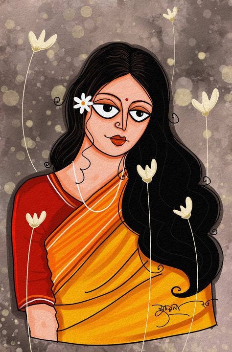 Illustration By Suchayana (don't copy or Steal) Women Illustration, Bengali Art, Modern Art Canvas Painting, Small Canvas Paintings, Beautiful Art Paintings, Indian Folk Art, Painting Art Lesson, Modern Art Paintings, Girly Art Illustrations