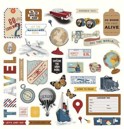 Here And There - Photo Play Paper Co. Travel Stickers Printable, Travel Journal Scrapbook, Scrapbook Stickers Printable, Vintage Airplanes, Travel Stickers, Bullet Journal Stickers, Scrapbook Printables, Vintage Printables, Travel Themes