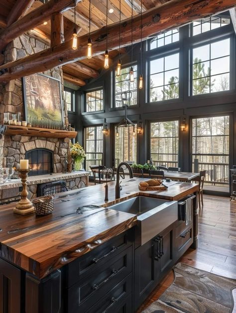 Barndominium Ideas Interiors Black, Barndominium Kitchen And Living Room, Dark Log Cabin Homes Interior, Barndominium Kitchen Layout, Small Barndominium Kitchen Ideas, Barndominium Farmhouse Interior, Barndominium Ideas Interiors Kitchen, Ranch Style Home Kitchen, A Frame Kitchen Ideas