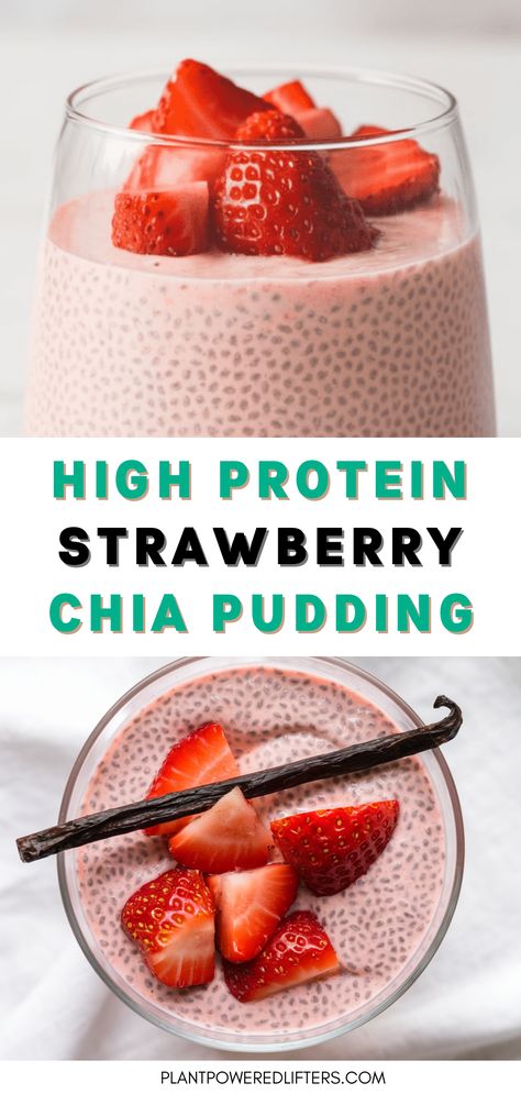 This high-protein strawberry chia seed pudding is both healthy and easy to make. Perfect as a high-protein vegan breakfast or vegan dessert that you can add to your own list of chia seed pudding recipes. On top of that, it's dairy-free as well. Give it a try! Chia Seed Protein Smoothie, Recipes That Use Chia Seeds, Strawberry Chia Smoothie, High Protein Chia Seed Recipes, Healthy Chia Seed Breakfast, Watermelon Chia Pudding, Low Cal Chia Seed Pudding, Strawberry Chia Seed Pudding Recipe, Low Fodmap Chia Seed Pudding