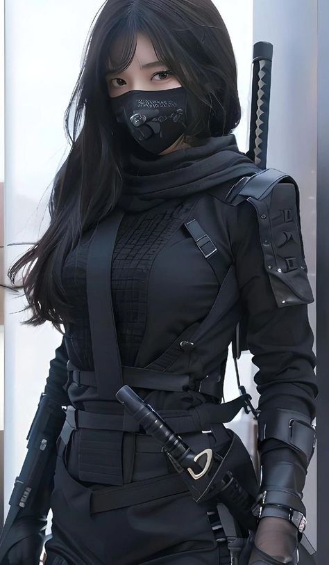 Assassin Woman, Female Ninja Assassin, Girl In Mask, Ninja Women, Assassin Outfit, Assassin Girl, Female Swordsman, Girl Assassin, Masked Girl