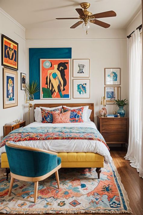 The image showcases a bedroom with an eclectic design style. The bed is the focal point of the room, featuring a colorful comforter and pillows. The room also contains a chair, a dresser, and several potted plants, adding to the eclectic feel. The walls are painted blue, and there are multiple pictures hanging on the wall, further enhancing the room's unique and eclectic atmosphere. Scandi Eclectic Decor, Bright Mid Century Modern Bedroom, Colorful Bedroom With White Walls, Color Pop Bedroom Ideas, Bold Colorful Bedroom, Guest Room Colorful, Eclectic Blue Bedroom, Bright Retro Bedroom, Bright Eclectic Bedroom