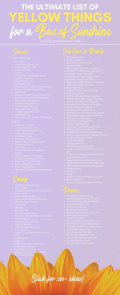 Need ideas for what to put in a box of sunshine? Check out this list of yellow things that make perfect little gifts to send in a care package. Click to see all 200+ ideas! #sunshine #boxofsunshine #bffgifts #happybirthday #cutethings #yellow #loveyellow #giftideasforhim #giftideasforher #carepackage #carepackageideas Yellow Gifts Basket, A Box Of Sunshine, Sunshine Box, Birthday Care Packages, Yellow Things, Diy Best Friend Gifts, Box Of Sunshine, Bff Birthday Gift, Bff Birthday