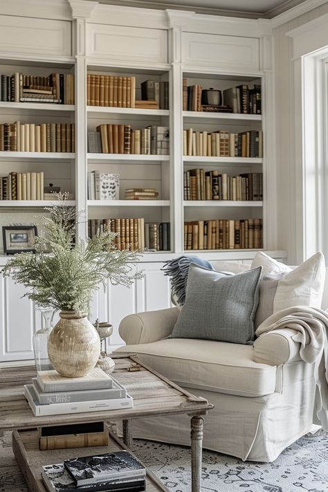 White Built Ins Decor, Wall Bookshelf Living Room, Built In Styling Bookshelves, French Country Bookshelf Decor, Home Library Decor Bookshelf Styling, Library With Fireplace Bookshelves, Lommarp Bookcase Ideas, Custom Bookshelf Ideas, Office Decor Bookshelves