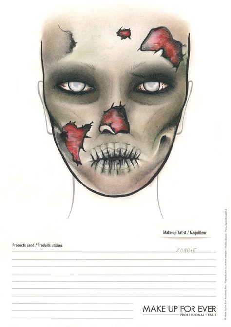 Face chart: zombie Zombie Face Paint, Halloween Fx, Zombie Halloween Makeup, Zombie Face, Makeup Charts, Makeup Drawing, Makeup Face Charts, Face Art Makeup, Kat Von D Makeup