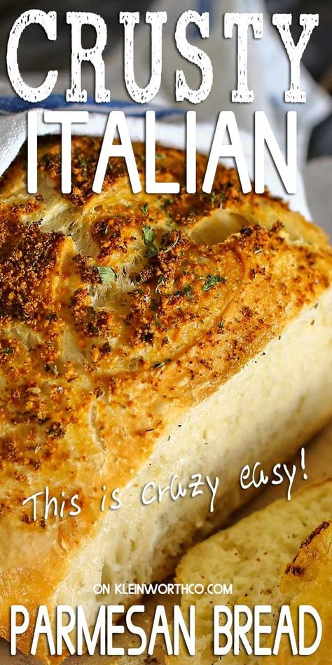 Crusty Italian Parmesan Bread is one of the easiest bread recipes to make. Great with just about any dinner, one loaf is never enough. So delicious. First Bread Recipe, Italian Bread Recipe, Crusty Bread Recipe, Italian Bread Recipes, Parmesan Bread, Dutch Oven Bread, Bread Maker Recipes, Artisan Bread Recipes, Rustic Bread