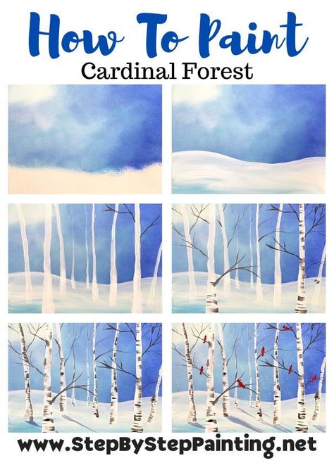 Beginner Winter Painting, Painting Birch Trees Tutorial, Painting A Birch Tree, Easy Birch Tree Painting, Winter Birch Tree Art For Kids, Paint Birch Trees Tutorial, Snowy Tree Painting, Easy Winter Painting Ideas On Canvas, How To Paint Winter Scene Step By Step