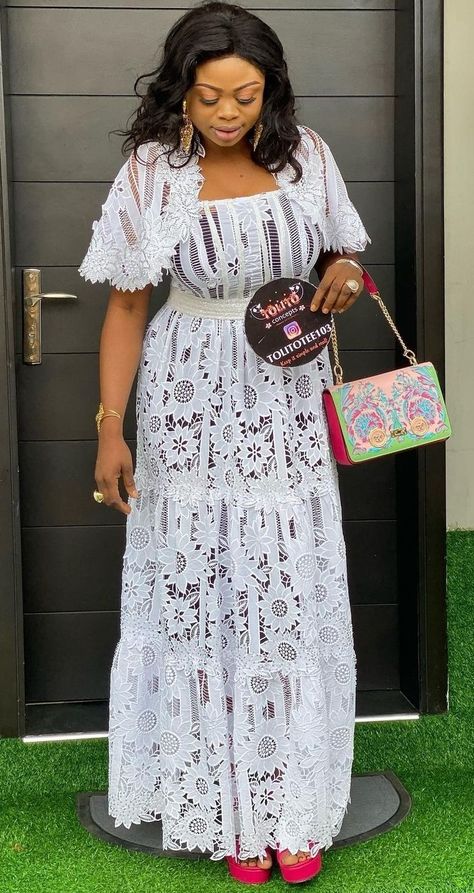 Short White Lace Dress Styles Nigerian, Ready Made Dresses For Women, African White Lace Dress Styles, Net Lace Styles, White Plus Size Outfit, White Lace Dress Styles Nigerian, Lace Styles For Ladies, Lace Dress Styles Nigerian, Nigerian Lace Styles Dress