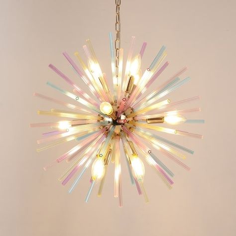 12-Light Modern Glam Linear Sputnik Chandelier for Dining Room Starburst Firework Island Pendant Light - 22 in. W x 22 in. H - On Sale - Bed Bath & Beyond - 40040151 Colorful Hanging Lights, Space Light Fixture, Playroom Chandelier, Iridescent Room Decor, Colorful Light Fixtures, Bedroom Lamps Ceiling Hanging, Hall Ceiling Lights, Pastel Chandelier, Bedroom Chandelier Ideas