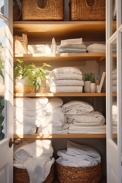 Linen And Utility Closet, Rv Linen Storage, Narrow Linen Closet Ideas, Organized Towel Closet, Build In Linen Closet, Linen Closet Under Stairs, Linen Dresser Storage, Aesthetic Linen Closet, Towel And Bedding Storage