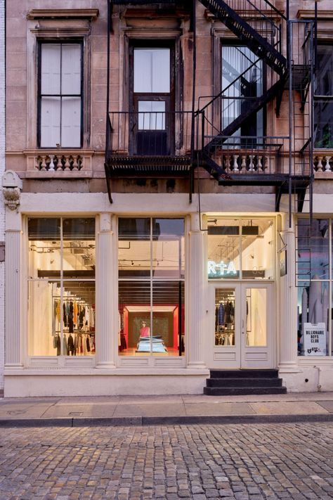 Pieces of broken crystal fill a display case that runs the length of this Manhattan boutique, completed by Los Angeles-based architect Dan Brunn for streetwear brand Road to Awe. Fitting Rooms, City Streets Photography, Fire Escape, Steel Beams, Soho Nyc, Shop Interiors, Architecture Photo, City Streets, Open Floor