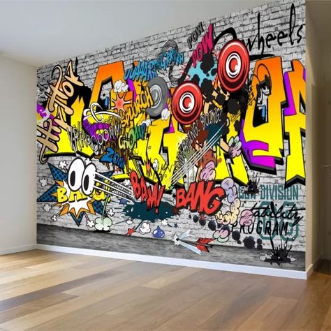 Graffiti Game Room, Game Room Graffiti Wall, Graffiti Wall Art Boys Bedroom, Graffiti Wallpaper Bedroom, Basement Graffiti Wall, Graffiti Art Bedroom Wall, Graffiti Murals Interior, Graffiti Wall Design, Grafitti Bedroom Aesthetic