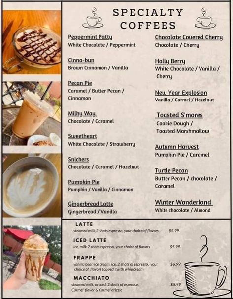 Coffee Orders Ideas, Coffee Shop Flavor Ideas, Coffee Syrup Combinations, Coffee Flavor Recipes, August Coffee Specials, Coffee Specials Ideas, November Coffee Specials, Back To School Coffee Drinks, November Coffee Drinks