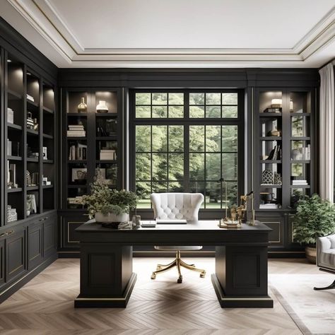 soft black chic home office Home Office Dark, Home Office Design On A Budget, Color Of The Year 2024, Elegant Home Office, Office Paint Colors, Home Library Rooms, Luxury Office, Elegant Home, Home Office Space