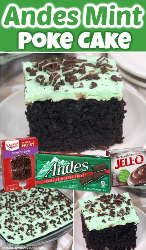 Andes Cake Recipe, Candy Cake Recipes, St Patricks Day Cake Recipes, Miraglaze Cake, Poke Cake Ideas, St Patrick's Day Dessert, Simple Summer Dessert Recipes, Chocolate Poke Cakes, Chocolate Cream Cake Recipe