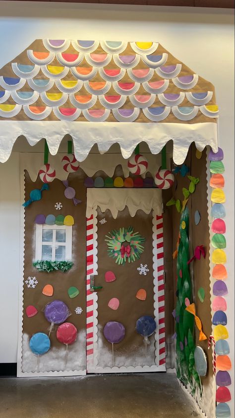 Classroom door decorating contest. Gingerbread house! Teachers Christmas Door Ideas, Gingerbread House Door Decorations For School Bulletin Boards, Gingerbread House Classroom Door Pink, Door Decorating Christmas Gingerbread House, Ginger Bread House Classroom Door Ideas, Holiday Door Decorations Contest, Gingerbread House Classroom Door Decorations, 3d Classroom Christmas Door, Gingerbread House Teacher Door