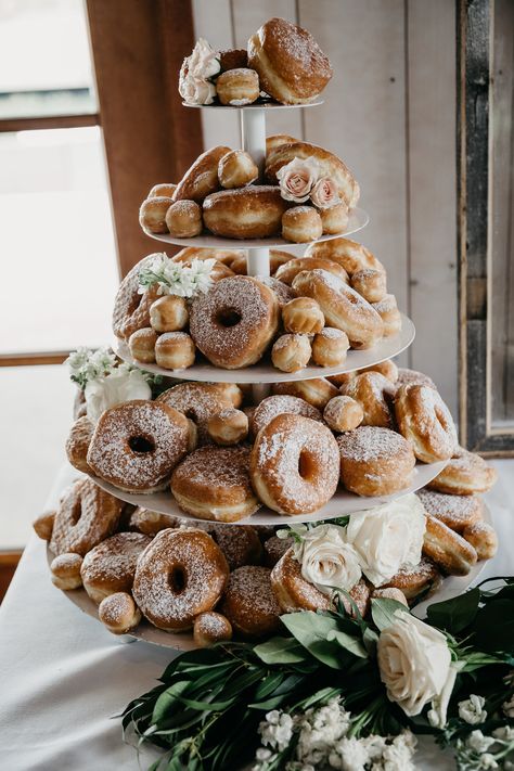 Donut Tower, Donut Display, Dessert Alternatives, Wedding Donuts, Donut Bar, Wedding Dessert Table, Bridal Shower Brunch, Shower Food, Bridal Brunch