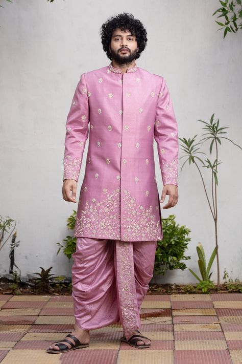 Shop for these amazing collections of Purple Dupion Silk Embroidered Zardozi Work Sherwani Set For Men by Hilo Design online at Aza Fashions. Kurta Dothi For Men, Sherwani Embroidery Design, Purple Sherwani, Sherwani Embroidery, Embroidered Sherwani, Outfits Male, Wedding Dresses Men Indian, Sherwani For Men Wedding, Zardozi Work