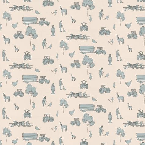 A delightful nursery cartoon farmyard country scene with tractors farmers and animals. Available in four colours  shown in pale blue on a clean cream. Toddler Boy Wallpaper, Farm Nursery Boy, Vintage Boys Room, Nursery Wallpaper Boy, Tractor Nursery, Building Wallpaper, Hunting Wallpaper, Farm Nursery Theme, Vintage Kids Room