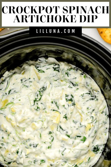 Crockpot spinach artichoke dip is made easy in a slow cooker! With creamy cheese, shredded spinach, and artichokes it's the ultimate dip. #spinachartichokedip #spinach #artichoke #crockpot #slowcooker #appetizer #partydip Spinach Artichoke Crockpot, Crockpot Spinach Artichoke Dip, Spinach Artichoke Dip Crockpot, Crockpot Spinach, Dip Ideas, Chip Recipes, Artichoke Spinach, Corn Dip Recipes, Spinach Artichoke Dip Recipe