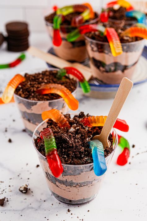 Dirt Cake Cups, Dirt And Worms, Dirt Cups Recipe, Dirt Dessert, Impressive Dessert, Birthday Snacks, Dirt Cake, Birthday Party Snacks, Pudding Cups