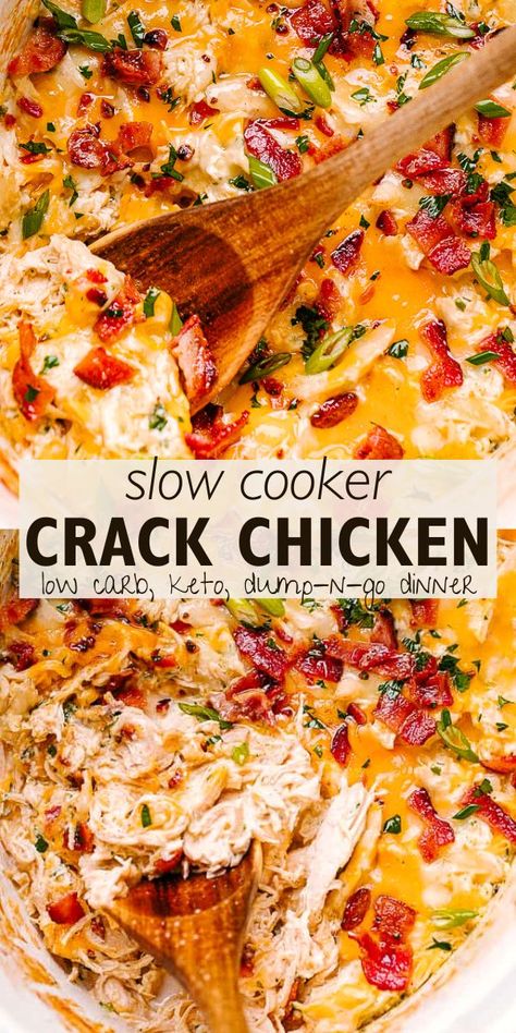 Slow Cooker Crack Chicken is the most creamy and delicious chicken you will ever eat. Top it with melted cheddar and bacon for all the comfort food feels. Kid Approved Crockpot Meals, Meal For Large Group, Crockpot Party, Crock Pot Chicken Recipe, Mojo Chicken, Low Budget Meals, Keto Crockpot, Chicken Crockpot Recipes Easy, Easy Crockpot Dinners