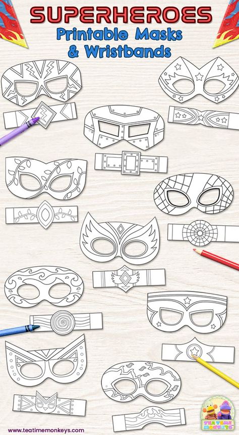 **IN STORE** Kids will love these printable superhero masks to colour and decorate! Complete with matching power wristbands! Includes 10 original designs. Superhero Art Projects For Preschool, Superhero Masks Diy, Superhero Masks Printable, Superhero Mask Design Ideas, Superhero Theme Preschool Activities, Super Hero Mask Template Free Printable, Super Hero Arts And Crafts, Superhero Mask Template Free Printables, Hero Crafts For Kids