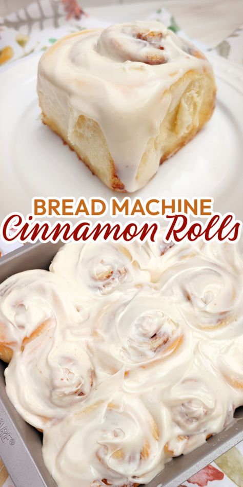 The BEST Bread Machine Cinnamon Rolls with Cream Cheese Icing! An easy-to-follow bread machine recipe for tender, billowy cinnamon rolls filled with cinnamon butter and brown sugar topped with the perfect cream cheese buttercream icing. Hamilton Bread Machine Recipes, Yeast Rolls Bread Machine, Bread Machine Cinnamon Buns, Bread Machine Cinnamon Rolls Easy, Bread Maker Donut Dough, Bread Machine Dough For Cinnamon Rolls, Cinnamon Rolls Bread Maker, Bread Maker Cinnamon Rolls, Best Bread Machine Cinnamon Rolls