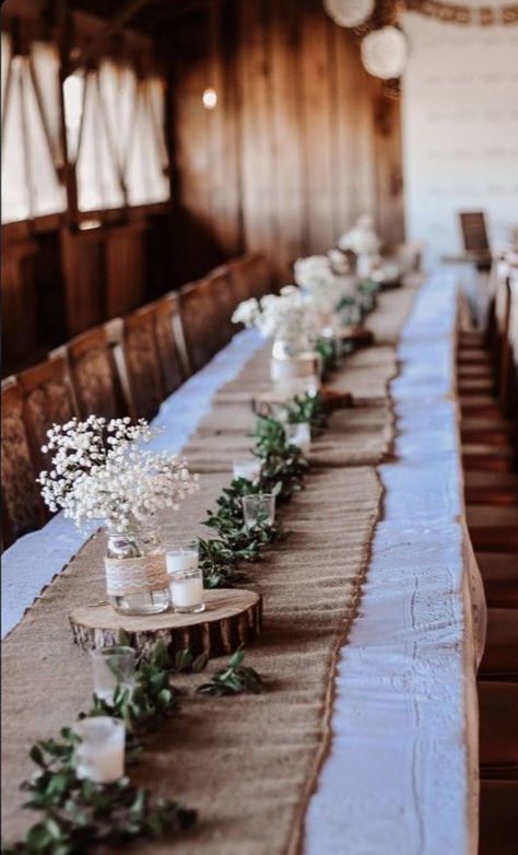 Wedding Ideas Farm Rustic, Farm Wedding Table Decorations, Rustic Table Settings Wedding, Table Decorations Rustic Wedding, Simple Country Wedding Table Decor, Farm Wedding Shower Ideas, Simple Centerpiece Wedding Rectangle Table, Turning Garage Into Wedding Reception, Farm Wedding Centerpieces Rustic Chic